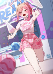 Rule 34 | 1girl, @ @, absurdres, akuame (ring3922), blush, breasts, day, dutch angle, gradient hair, heart, heart-shaped eyewear, highres, hololive, hololive dev is, ice cream cone, ichijou ririka, medium breasts, medium hair, multicolored hair, open mouth, orange eyes, orange hair, outdoors, pink hair, pink shirt, pink skirt, print shirt, shirt, skirt, solo, tripping, virtual youtuber