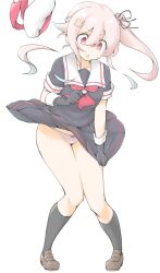 1girl akara_kai beret black_serafuku blue_hair blush clothes_lift full_body gradient_hair hair_flaps hair_ornament hair_ribbon harusame_(kancolle) hat highres kantai_collection long_hair multicolored_hair neckerchief open_mouth panties pantyshot pink_eyes pink_hair pink_panties pleated_skirt red_eyes red_neckerchief ribbon sailor_collar school_uniform serafuku side_ponytail skirt skirt_lift solo standing underwear unworn_headwear upskirt white_hat wind wind_lift