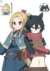 2girls animal_ears black_fur black_hair blonde_hair blue_dress braid braided_sidelocks cat_ears cat_girl cat_tail commentary_request crop_top crossed_arms crown_braid dress dungeon_meshi flat_chest green_eyes hair_between_eyes highres izutsumi marcille_donato midriff multiple_girls navel open_mouth orange_eyes ponytail pouch red_scarf scarf short_hair slit_pupils tail translation_request zurikishi