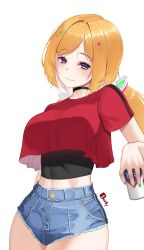 1girl absurdres aki_rosenthal alternate_costume arm_at_side black_choker black_undershirt blonde_hair blue_eyes blue_shorts blush breasts can choker closed_mouth cowboy_shot crop_top crop_top_overhang cropped_shirt denim denim_shorts detached_hair green_nails headgear highres holding holding_can hololive large_breasts linea_alba long_hair looking_at_viewer low_twintails micro_shorts midriff_peek multicolored_nails nail_polish narrow_waist parted_bangs parted_hair pink_nails red_shirt seductive_smile shirt short_hair shorts signature simple_background skin_tight smile solo t-shirt tasty_(dudwofla) taut_clothes taut_shirt thick_thighs thighs toned toned_female twintails virtual_youtuber white_background wide_hips
