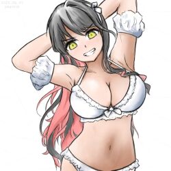 1girl bikini black_hair blush breasts detached_sleeves hair_ribbon hairband kantai_collection large_breasts long_hair looking_at_viewer multicolored_hair naganami_(kancolle) pink_hair puffy_detached_sleeves puffy_sleeves ribbon smile solo swimsuit two-tone_hair wavy_hair white_bikini white_hairband yagitch yellow_eyes