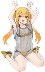 1girl :d absurdres arms_up bikini bikini_under_clothes blonde_hair blush breasts brown_eyes cleavage clothes_writing commentary_request full_body hair_between_eyes highres kopaka_(karda_nui) looking_at_viewer medium_breasts navel no_socks open_mouth original see-through_clothes shadow shoes simple_background sitting smile sneakers solo sparkle stomach swimsuit twintails wariza white_background yellow_bikini yellow_shoes
