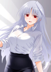 1girl black_pants blush bra bra_visible_through_clothes breasts collared_shirt engo_(aquawatery) grey_hair highres large_breasts long_hair long_sleeves looking_at_viewer lyrical_nanoha mahou_shoujo_lyrical_nanoha open_mouth pants red_eyes reinforce shirt simple_background single_hair_intake smile solo underwear white_background white_shirt