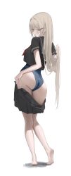1girl absurdres ass barefoot black_sailor_collar black_serafuku black_shirt black_skirt blue_one-piece_swimsuit breasts brown_eyes brown_hair clothes_pull commentary contrapposto feet from_behind full_body hair_between_eyes hair_ornament hairpin heel_up highres holding holding_own_hair laneigu long_hair medium_breasts mole mole_on_cheek one-piece_swimsuit original parted_lips pleated_skirt sailor_collar school_uniform serafuku shirt short_sleeves sideways_mouth simple_background skirt skirt_pull soles solo standing swimsuit swimsuit_under_clothes undressing very_long_hair white_background