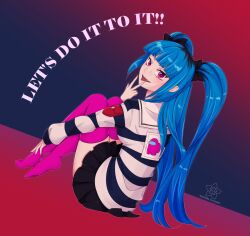 1girl amemiya_darumi among_us black_hair black_skirt blue_background blue_hair blue_shirt blue_stripes english_text fang female_focus full_body gradient_background hand_up looking_at_viewer multicolored_hair multicolored_shirt open_mouth pink_eyes pink_thighhighs pleated_skirt red_background shirt simple_background sitting skirt solo solo_focus striped_clothes striped_shirt the_hundred_line_-last_defense_academy- thighhighs tongue tongue_out turning_head v vanillacreamart white_shirt white_stripes