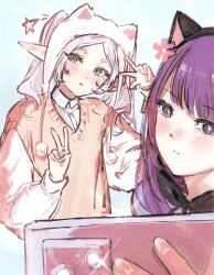 2girls anger_vein animal_ear_hairband animal_ear_headwear animal_ears black_hairband blush cat_ear_hairband cat_ears cellphone double-parted_bangs elf fake_animal_ears fern_(sousou_no_frieren) frieren green_eyes hairband hat highres holding holding_phone long_hair looking_at_viewer moku_(muooku) multiple_girls orange_sweater_vest parted_lips phone pointy_ears pout purple_hair selfie shirt sidelocks smartphone sousou_no_frieren sweater_vest taking_picture twintails upper_body v w white_hair white_hat white_shirt