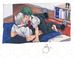 2boys all_might bed blush boku_no_hero_academia bones_(company) book bookshelf figure freckles green_hair ika_mkai indoors kiss midoriya_izuku multicolored_hair multiple_boys necktie on_bed pants red_hair shirt shounen_jump socks todoroki_shouto two-tone_hair white_hair yaoi