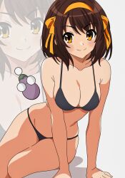 1girl arm_support artist_logo bikini black_bikini blush breasts brown_eyes brown_hair closed_mouth hairband highres leaning_to_the_side logo medium_breasts orange_hairband short_hair simple_background sitting smile solo stomach suzumiya_haruhi suzumiya_haruhi_no_yuuutsu swimsuit thighs white_background yuiyu_ki zoom_layer