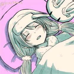 Rule 34 | 1girl, blush, closed eyes, commentary request, don-chan (usada pekora), highres, hololive, kiritoma, long hair, low twintails, lying, on back, parted lips, pekomon (usada pekora), pillow, short eyebrows, teeth, thick eyebrows, twintails, twitter username, under covers, upper teeth only, usada pekora, virtual youtuber