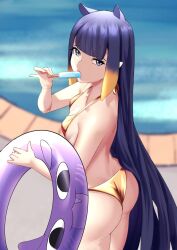 1girl ass bikini bl/ess blunt_bangs center-flap_bangs commentary english_commentary flat_chest food food_in_mouth gold_bikini golden_week golden_week_bikini gradient_hair holding holding_floatie holding_food holding_popsicle hololive hololive_english long_hair looking_at_viewer multicolored_hair ninomae_ina&#039;nis orange_hair pointy_ears pool poolside popsicle popsicle_in_mouth purple_eyes purple_hair sidelocks swimsuit tentacle_hair tentacles two-tone_hair very_long_hair virtual_youtuber
