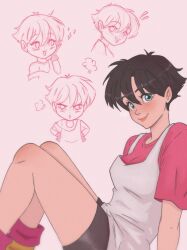1girl black_hair blue_eyes blush chibi dragon_ball happy looking_at_viewer pink_background short_hair smile solo thick_thighs thighs videl