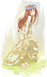 Rule 34 | 1girl, barefoot, breasts, closed mouth, clothes lift, commentary request, covered erect nipples, dress, dress lift, flower wreath, full body, head wreath, highres, long dress, long hair, looking at viewer, medium breasts, on grass, original, red hair, smile, solo, standing, wedding dress, white dress, yellow eyes, yugen99