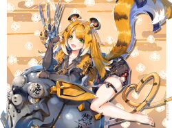 1girl animal_ear_fluff animal_ears barefoot black_gloves bow claw_(weapon) collared_shirt elbow_gloves fingerless_gloves gloves green_eyes grey_shirt heart heart_tail high-waist_shorts highres jacket ju_fufu kyouko_kasa long_hair orange_fur shirt shorts smile striped_fur tail tail_bow tail_ornament thigh_strap tiger_ears tiger_girl tiger_stripes tiger_tail weapon yellow_jacket zenless_zone_zero