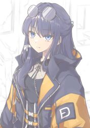 1girl absurdres black_coat black_shirt black_skirt blue_eyes blue_hair coat collared_shirt commentary eyewear_on_head fishnet_top fishnets frown glasses half_updo high-waist_skirt highres hood hood_down hooded_coat i_my_mayday link!_like!_love_live! long_hair love_live! mole mole_on_neck murano_sayaka official_alternate_costume open_clothes open_coat round_eyewear shirt sketch_background skirt solo split_mouth upper_body v-shaped_eyebrows virtual_youtuber white-framed_eyewear white_background zacuro