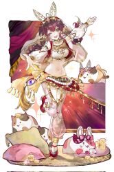 1girl ;d animal_ears arabian_clothes brown_hair coin d4dj gem goose_g gradient_hair harem_pants heart highres jewelry looking_at_viewer multicolored_hair navel nyochio_(d4dj) ohnaruto_muni one_eye_closed open_mouth pants pillow pink_hair red_shoes rug shoes smile solo teeth twintails two-tone_hair upper_teeth_only veil yellow_eyes