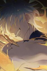 1boy alternate_form blonde_hair commentary cracked_skin elims english_commentary grin hair_between_eyes hair_over_eyes halo halo_behind_head highres honkai:_star_rail honkai_(series) male_focus material_growth missing_limb phainon_(honkai:_star_rail) short_hair smile solo teeth yellow_blood