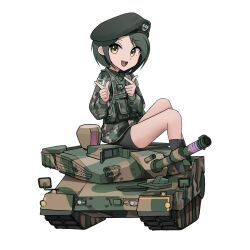 1girl beret bike_shorts black_shorts boots camouflage ch2haya_p commentary_request deformed digital_camouflage full_body green_eyes green_hair green_hat hat highres korean_commentary long_sleeves military military_combat_uniform military_hat military_uniform military_vehicle motor_vehicle open_mouth original pointing short_hair shorts simple_background sitting smile solo tank white_background