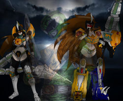 1boy 2girls armor artist_request black_sclera brown_hair character_request colored_sclera dragon_caesar dragon_girl dragon_ranger dragonzord dual_persona gloves glowing goku-senpai helmet holding holding_polearm holding_weapon kyouryuu_sentai_zyuranger long_hair mecha mega_dragonzord mighty_morphin_green_ranger mighty_morphin_power_rangers monster_girl multiple_girls personification polearm power_rangers red_eyes robot science_fiction spear super_sentai tail very_long_hair weapon zyutei_daizyujin