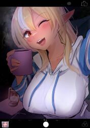 1girl absurdres blonde_hair blush breasts cameo cellphone cellphone_photo dark-skinned_female dark_elf dark_skin drawstring elf fake_phone_screenshot fake_screenshot female_pov highres holding holding_phone hololive hood hood_down hooded_jacket hoodie jacket large_breasts long_hair long_sleeves looking_at_phone looking_at_viewer multicolored_hair open_mouth outstretched_arm paid_reward_available phone pointy_ears pov reaching reaching_towards_viewer red_eyes selfie shiranui_flare shirogane_noel sidelocks smartphone smile streaked_hair taking_picture tlandolt69 virtual_youtuber white_hair white_hoodie
