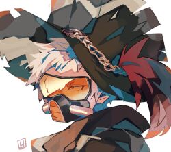1boy absurdres black_hat brown_jacket chain commentary_request gas_mask hat highres jacket looking_afar male_focus mask meister_(ragnarok_online) orange-tinted_eyewear plume ragnarok_online short_bangs short_hair simple_background solo tinted_eyewear top_hat upper_body white_background white_hair yasubaru