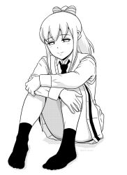 Rule 34 | 1boy, blush, bow, closed mouth, collared shirt, commentary request, convenient leg, crossdressing, crossdressing (mtf), full body, greyscale, hair bow, knees up, long hair, long sleeves, looking at viewer, male focus, monochrome, necktie, no shoes, pleated skirt, ponytail, school uniform, shirt, sidelocks, simple background, sitting, skirt, smile, socks, solo, striped bow, sweater vest, trap, twitter username, wada (watamote), watashi ga motenai no wa dou kangaetemo omaera ga warui!, white background, wig, yashiro aki