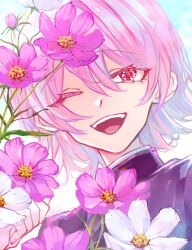 Rule 34 | 1boy, ;d, androgynous, cosmos (flower), day, flower, gakuran, hair between eyes, hand up, highres, jacket, looking at viewer, male focus, medium hair, one eye closed, open mouth, original, pink eyes, pink flower, pink hair, portrait, purple jacket, school uniform, smile, snk rnk, solo, teeth, upper teeth only, white flower