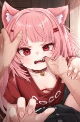 1boy 1girl absurdres animal_ear_fluff animal_ears bell bite_mark bite_mark_on_hand bra breasts cat_ears cat_girl coco_(comodox) collar collarbone commentary comodox english_commentary fangs hair_ornament hairclip hetero highres jingle_bell looking_at_viewer medium_hair neck_bell open_mouth original pink_bra pink_eyes pink_hair polka_dot polka_dot_bra red_collar red_shirt shirt short_sleeves small_breasts solo_focus underwear