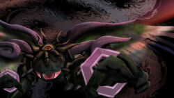 abstract_background absurdres alien bloodshot_eyes commentary_request dark_background demon_horns demon_wings enayu2 hexagon highres horns kirby&#039;s_return_to_dream_land kirby&#039;s_return_to_dream_land_deluxe kirby_(series) magic_circle magolor magolor_soul master_crown monster nintendo no_humans possessed rayman_limbs red_eyes solo spikes spoilers wings
