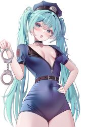Rule 34 | 1girl, :o, absurdres, aqua eyes, aqua hair, aqua nails, belt, belt buckle, black belt, blue jumpsuit, blush, breasts, breasts apart, buckle, chaisia art, collarbone, commentary, covered navel, cowboy shot, cuffs, double-parted bangs, eyelashes, fingernails, hair intakes, hand on own hip, handcuffs, hat, hatsune miku, head tilt, high belt, highres, holding, holding handcuffs, jumpsuit, lapels, long hair, looking at viewer, number print, paid reward available, partially unzipped, patreon username, peaked cap, pendant choker, police, police hat, police uniform, policewoman, short jumpsuit, short sleeves, simple background, small breasts, solo, twintails, vocaloid, white background