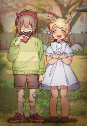 1girl 1other absurdres aged_down angel_wings antlers bandaid bandaid_on_leg black_shorts blonde_hair braid brown_hair candy chocolate chocolate_bar closed_eyes commentary deer_antlers deer_girl deltarune demon_horns doll dress fake_horns fence food full_body gauze_on_knee grass green_sweater hair_over_eyes hairband hashtag-only_commentary highres holding holding_chocolate holding_doll holding_food holding_stick hooves horns kris_(deltarune) noelle_holiday open_mouth outdoors puffy_short_sleeves puffy_sleeves red_hairband red_horns red_shoes shoes short_hair short_sleeves shorts single_horizontal_stripe smile socks stick striped_clothes striped_sweater sweater torete_(70re7e) tree twin_braids utdr_(toby_fox) white_dress white_socks white_wings wings