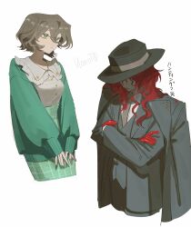 1boy 1girl aleph_(reverse:1999) alternate_costume black_coat black_hat black_jacket black_pants black_suit black_vest brown_hair cardigan coat coat_on_shoulders collar collared_shirt cosplay covered_eyes cowboy_shot cropped_legs crossed_arms fedora formal_clothes frilled_collar frills gloves green_cardigan green_eyes green_skirt grey_necktie hair_between_eyes hat hat_over_eyes highres hunting_(reverse:1999) hunting_(reverse:1999)_(cosplay) jacket long_hair long_sleeves necktie oji-sama_(ochi4t) open_cardigan open_clothes pants puffy_long_sleeves puffy_sleeves recoleta_(reverse:1999) red_gloves red_hair reverse:1999 shirt short_hair skirt suit suit_jacket vest waistcoat white_background white_shirt