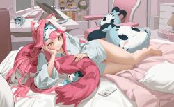 1girl absurdres animal_ears bed bedroom blanket blue_mask blush bookshelf breasts cellphone character_mask character_print chattino_(raora_panthera) closed_mouth collarbone comb computer_keyboard cup desk door elbow_rest eyelashes feet fingernails grem_(gigi_murin) hair_intakes hand_on_own_tail hanho highres hololive hololive_english indoors lamp large_breasts long_hair long_sleeves looking_down lying mask mask_on_head monitor mug multicolored_hair nail_polish on_side otomo_(cecilia_immergreen) panther_ears panther_girl panther_tail phone pillow pink_blanket pink_eyes pink_hair pink_nails raora_panthera shirt sleep_mask sleeping smartphone smile streaked_hair stuffed_toy stylus swivel_chair table tail thighs toenail_polish toenails toes two-tone_hair virtual_youtuber white_hair white_shirt yellow_eyes