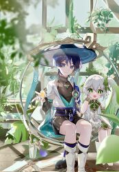 1boy 1girl anemo_symbol_(genshin_impact) animalization aqua_gemstone aqua_kimono aqua_sleeves arm_behind_head armlet armor barefoot belt bird black_belt black_bow black_bridal_gauntlets black_cat black_leggings black_shorts blue_cape blue_hat blunt_ends bow bracelet bridal_gauntlets cape carpet cat closed_mouth colored_tips covered_collarbone cross-shaped_pupils detached_sleeves dress eyeliner eyeshadow feathers finch fingernails flower furisode gem genshin_impact gold gold_trim green_eyes green_hair green_sleeves hair_between_eyes hair_ornament hakama hakama_shorts hand_up hanging_plant hat height_difference highres indoors japanese_armor japanese_clothes jewelry jingasa juban kimono kote kurokote layered_sleeves leaf leaf_hair_ornament leg_warmers leggings long_hair looking_at_animal makeup mandarin_collar multicolored_hair nahida_(genshin_impact) open_clothes open_kimono open_mouth person_and_animalization pleated_shorts pointy_ears pom_pom_(clothes) purple_eyes purple_hair purple_rope purple_sash red_eyeliner red_eyeshadow rope rose sash scaramouche_(cat)_(genshin_impact) scaramouche_(genshin_impact) short_sleeves shorts shoulder_peek side_ponytail sidelocks sitting smile symbol-shaped_pupils tareme tassel touxin_0316 vision_(genshin_impact) wanderer_(genshin_impact) white_dress white_flower white_hair white_kimono white_leg_warmers white_rose white_sleeves wispy_bangs yellow_feathers