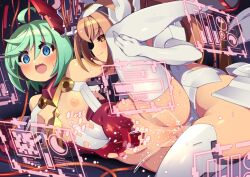 1futa 1girl armor azure_striker_gunvolt blue_eyes blush breasts brown_eyes brown_hair cable commission digital_dissolve female_ejaculation female_orgasm futa_with_female futanari green_hair gummyrise gunvolt_chronicles_luminous_avenger_ix hacking holding_leg holographic_interface kohaku_(gunvolt) leg_up mind_control nipples orgasm pussy_juice red_headwear roro_(gunvolt) sex short_hair skeb_commission small_breasts smirk thighhighs vaginal white_thighhighs
