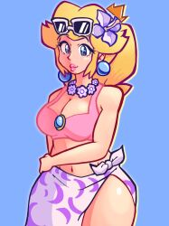 Rule 34 | 1girl, adjusting clothes, adjusting swimsuit, bikini, blonde hair, blue eyes, breasts, cleavage, crown, donutpastry, freckles, highres, jewelry, large breasts, long hair, mario (series), navel, necklace, nintendo, pink bikini, pink lips, ponytail, princess peach, sarong, smile, solo, swimsuit