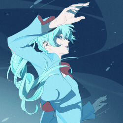 1girl 55bata6rou arm_up blue_background blue_dress blue_eyes blue_hair blue_jacket dress floating_hair from_side highres jacket long_hair looking_at_viewer ponytail rwby snow solo upper_body weiss_schnee wind