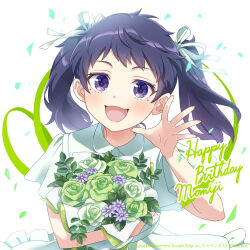 Rule 34 | 1girl, absurdres, aqua dress, aqua ribbon, artist request, bouquet, confetti, copyright notice, dress, english text, flower, green dress, green flower, green ribbon, hair ribbon, happy birthday, highres, holding, holding bouquet, itou momiji, looking at viewer, mole, mole under eye, official art, open mouth, purple eyes, purple flower, purple hair, ribbon, shine post, simple background, solo, twintails, upper body, waving, white background, white dress, white ribbon