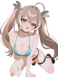 Rule 34 | 1girl, absurdres, ahoge, all fours, alternate costume, alternate hairstyle, arm support, bikini, black bikini, black choker, black hair, black shoes, breasts, brown eyes, brown hair, choker, cleavage, commentary, crossed bangs, double-parted bangs, front-tie bikini top, front-tie top, full body, hair between eyes, hana20000920, highres, hololive, hololive english, long hair, looking at viewer, medium breasts, mismatched bikini, multicolored hair, nanashi mumei, navel, o-ring, o-ring bikini, open mouth, shoes, simple background, solo, streaked hair, swimsuit, symbol-only commentary, teeth, thigh strap, twintails, upper teeth only, virtual youtuber, white background, white hair