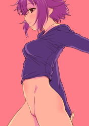 Rule 34 | 1girl, blush, bottomless, breasts, brown eyes, commentary request, crop top, highres, idolmaster, idolmaster cinderella girls, koshimizu sachiko, light smile, navel, profile, purple hair, sakaki imasato, shirt, short hair, small breasts, solo, variant set