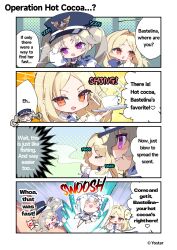 +_+ 3girls :3 :d =_= absurdres bastelina_(stella_sora) blonde_hair blowing blue_hat character_request chibi chibi_only clenched_teeth collared_shirt commentary copyright_notice english_commentary english_text grace_imperium_(stella_sora) grey_hair hair_intakes hat heart highres holding holding_tray hot_chocolate long_hair long_sleeves mole mole_under_eye multiple_girls musical_note official_art open_mouth orange_eyes parted_bangs profile puffy_long_sleeves puffy_sleeves purple_eyes raised_inner_eyebrows searching shirt short_hair_with_long_locks skull_and_crossbones smile speech_bubble spoken_heart spoken_musical_note spoken_skull stella_sora teeth tray twintails white_hair white_shirt