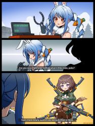 2girls akm animal_ears anya_melfissa assault_rifle carrot_hair_ornament english_text food-themed_hair_ornament fur_scarf gun hair_ornament highres hikimayu hololive hololive_indonesia kalashnikov_rifle multiple_girls nyaring943 orange_eyes rabbit-shaped_pupils rabbit_ears rabbit_girl rabbit_tail rifle short_eyebrows symbol-shaped_pupils tail thick_eyebrows usada_pekora usada_pekora_(1st_costume) virtual_youtuber weapon