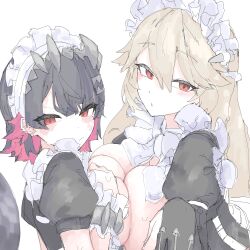 Rule 34 | 2girls, absurdres, alexandrina sebastiane, apron, asymmetrical docking, black dress, black gloves, black hair, blonde hair, blush, bow, bowtie, breast press, breasts, breasts out, cleavage, closed mouth, colored inner hair, dot nose, dress, ear piercing, earrings, ellen joe, frilled apron, frilled headwear, frills, frown, furrowed brow, gloves, hair between eyes, hairband, half-closed eyes, hand up, highres, jewelry, juliet sleeves, large breasts, long hair, long sleeves, looking at viewer, maid, maid apron, maid headdress, medium breasts, metal hairband, mocamocaink, mole, mole under eye, motion lines, multicolored hair, multiple girls, parted lips, partially fingerless gloves, piercing, pink hair, puffy short sleeves, puffy sleeves, raised eyebrows, razor blade hair ornament, red eyes, short hair, short sleeves, simple background, spiked headband, sweat, two-tone hair, upper body, v-shaped eyebrows, white apron, white background, white bow, white bowtie, zenless zone zero