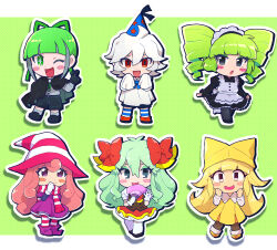2boys 4girls :d :o ;d antenna_hair apron black_cloak black_dress black_gloves black_pantyhose black_shoes black_shorts blue_bow blue_bowtie blue_hat blunt_bangs blush blush_stickers boots bow bow_(paper_mario) bowtie brown_vest chibi chiimako clenched_hands cloak closed_mouth collared_dress commentary_request cross-shaped_pupils doopliss dress drill_hair eyeshadow fang folding_fan frilled_apron frilled_sleeves frills gloves green_background green_eyes green_eyeshadow green_hair grey_hair grey_shirt grey_socks hair_between_eyes hair_bow hand_fan hand_up hands_up hat holding holding_fan humanization juliet_sleeves layered_skirt long_hair long_sleeves looking_at_viewer maid maid_apron maid_headdress makeup mario_(series) mimi_(paper_mario) multicolored_hair multiple_boys multiple_girls nintendo olivia_(paper_mario) one_eye_closed open_mouth outline pantyhose paper_mario paper_mario:_the_origami_king paper_mario:_the_thousand-year_door paper_mario_64 party_hat pink_hair pink_hat pink_pantyhose pink_scarf pleated_skirt polka_dot polka_dot_background print_hat puffy_short_sleeves puffy_sleeves purple_boots purple_dress purple_eyes red_bow red_eyes red_shoes red_skirt scarf scissors_(paper_mario) shirt shoes short_hair short_sleeves shorts sidelocks simple_background skirt sleeves_past_fingers sleeves_past_wrists smile socks star_(symbol) star_print streaked_hair striped_clothes striped_hat striped_pantyhose striped_scarf super_paper_mario symbol-shaped_pupils thighhighs twin_drills v very_long_hair vest vivian_(paper_mario) white_apron white_cloak white_gloves white_hair white_hat white_outline white_pantyhose white_scarf white_shirt white_thighhighs witch_hat yellow_dress yellow_hat yellow_shoes