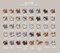Rule 34 | ?, absolutely everyone, american shorthair, animal, animal focus, bilingual text, black cat, british shorthair, brown cat, caliby cat, calico (pattern), calico cat, cat, cat day, colorpoint, commentary, english commentary, everyone, grey background, grey cat, heterochromia, japanese bobtail, mixed-language text, munchkin cat, no humans, norwegian forest cat, original, pixel art, russian blue cat, scottish fold, short tail, siamese cat, simple background, singapura, spotted fur, tabby cat, tail, tonkinese, too many, too many cats, torbie cat, tortico cat, tortoiseshell cat, tuxedo cat, yellow eyes, yuuki mokuya