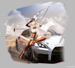 Rule 34 | 1girl, absurdres, adjusting eyewear, banxsy (neural cloud), banxsy (whirlwind navigator) (neural cloud), blowing bubbles, boots, can, car, checkered flag, damingshimingyan, denim, denim shorts, detached sleeves, flag, girls&#039; frontline, girls&#039; frontline neural cloud, green eyes, heterochromia, highres, long hair, motor vehicle, nissan gt-r, official art, on car, opening can, orange-tinted eyewear, race queen, red boots, red eyes, shorts, sitting, solo, spraying, thigh boots, tinted eyewear, watermark, weibo username, weibo watermark, white hair