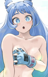 1girl :o absurdres blue_eyes blue_gloves blue_hair boku_no_hero_academia breasts covering_breasts covering_privates drill_hair fengling_(furin-jp) gloves grabbing_own_breast hado_nejire highres looking_at_viewer medium_breasts navel open_mouth solo twin_drills