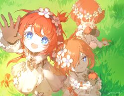 3girls ancient_greek_clothes angel_wings apple black_gloves black_hairband blue_eyes commentary_request cross-shaped_pupils dress flower food fruit gloves greco-roman_clothes hair_flower hair_ornament hairband head_wreath holding holding_food holding_fruit honkai:_star_rail honkai_(series) multiple_girls on_grass open_mouth outdoors pointy_ears red_hair short_hair smile symbol-shaped_pupils trianne_(honkai:_star_rail) tribbie_(honkai:_star_rail) trinnon_(honkai:_star_rail) triplets white_blindfold white_dress wings yujxue