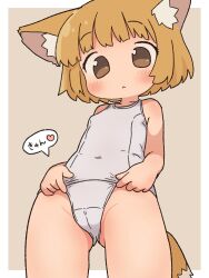 1girl :&lt; animal_ears blush brown_background brown_eyes brown_hair cameltoe collarbone flat_chest fox_ears fox_girl fox_tail grey_one-piece_swimsuit grey_school_swimsuit heart irohiza looking_down one-piece_swimsuit original school_swimsuit self_wedgie short_hair speech_bubble spoken_heart standing swimsuit tail wedgie