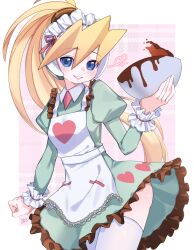1girl apron aqua_dress blonde_hair blue_eyes border bowl chocolate ciel_(mega_man) clenched_hand cowboy_shot dress heart high_ponytail highres holding holding_bowl long_hair mega_man_(series) mega_man_x_(series) mega_man_x_dive mega_man_zero_(series) official_alternate_costume pink_background ponytail sakuraba_(cerisier_x) simple_background smile solo thighhighs white_apron white_border white_thighhighs