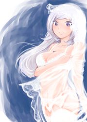 10s 1girl aila_jyrkiainen blue_eyes blush bra breasts cleavage female_focus garter_belt garter_straps gundam gundam_build_fighters jewelry large_breasts long_hair mori_no_hito pendant see-through_clothes silver_hair simple_background smile solo thighhighs underwear veil white_bra white_thighhighs